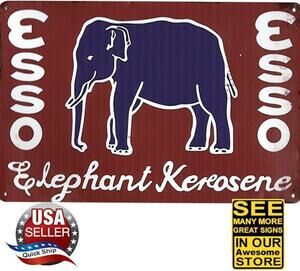 Metal Tin Petroliana Sign • Esso (Blue) Elephant Kerosene • 12in x 8in